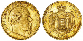 MONACO
Charles III (1853-1889). 20 (vingt) francs 1878, A, Paris.
G.MC.120 - CC.178 - Fr.12 ; Or - 6,43 g - 21 mm - 6 h 
TB.