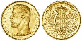 MONACO
Albert Ier (1889-1922). 100 (cent) francs 1896, A, Paris.
G.MC.124 - Fr.13 ; Or - 32,22 g - 35 mm - 6 h 
Beau brillant d’origine. Presque Su...