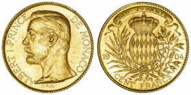 MONACO
Albert Ier (1889-1922). 100 (cent) francs 1904, A, Paris.
G.MC.124 - Fr.13 ; Or - 32,23 g - 35 mm - 6 h 
Beau brillant d’origine. Superbe.