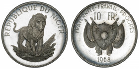 NIGER
République. 10 francs 1968.
KM.8.1 ; Argent - 19,71 g - 37 mm - 6 h 
Superbe.