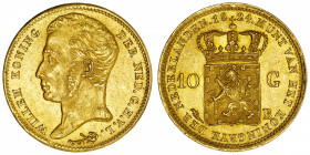 PAYS-BAS
Guillaume I (1815-1840). 10 gulden (10 florins) 1824, B, Bruxelles.
Fr.329 - KM.56 ; Or - 6,71 g - 22 mm - 6 h 
Superbe.