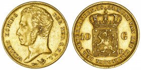 PAYS-BAS
Guillaume I (1815-1840). 10 gulden (10 florins) 1824, B, Bruxelles.
Fr.329 - KM.56 ; Or - 6,68 g - 22 mm - 6 h 
TTB.