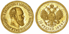 RUSSIE
Alexandre III (1881-1894). 10 roubles 1894 АГ, Saint-Pétersbourg.
Fr.167 - Y#A42 - Bit.23 ; Or - 12,91 g - 24 mm - 12 h 
TTB à Superbe.
