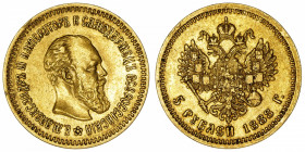 RUSSIE
Alexandre III (1881-1894). 5 roubles 1888, Saint-Pétersbourg.
Fr.168 ; Or - 6,42 g - 21 mm - 12 h 
TTB.