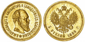 RUSSIE
Alexandre III (1881-1894). 5 roubles 1888, Saint-Pétersbourg.
Fr.168 ; Or - 6,43 g - 21 mm - 12 h 
Superbe.