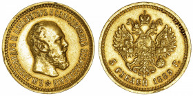 RUSSIE
Alexandre III (1881-1894). 5 roubles 1889, Saint-Pétersbourg.
Fr.168 ; Or - 6,43 g - 21 mm - 12 h 
Exemplaire nettoyé. TTB à Superbe.