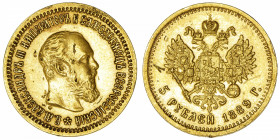 RUSSIE
Alexandre III (1881-1894). 5 roubles 1889, Saint-Pétersbourg.
Fr.168 ; Or - 6,42 g - 21 mm - 12 h 
TTB.