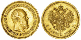 RUSSIE
Alexandre III (1881-1894). 5 roubles 1889, Saint-Pétersbourg.
Fr.169 ; Or - 6,43 g - 21 mm - 12 h 
TTB.