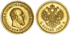 RUSSIE
Alexandre III (1881-1894). 5 roubles 1889, Saint-Pétersbourg.
Fr.169 ; Or - 6,40 g - 21 mm - 12 h 
TTB.