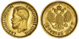 RUSSIE
Nicolas II (1894-1917). 10 roubles 1899, Saint-Pétersbourg.
Fr.179 ; Or - 8,56 g - 24 mm - 12 h 
Superbe.