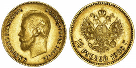 RUSSIE
Nicolas II (1894-1917). 10 roubles 1900, Saint-Pétersbourg.
Fr.179 ; Or - 8,56 g - 24 mm - 12 h 
TTB.