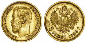RUSSIE
Nicolas II (1894-1917). 5 roubles 1899, Saint-Pétersbourg.
Fr.180 ; Or - 4,28 g - 18,5 mm - 12 h 
TTB.