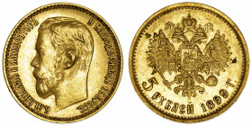 RUSSIE
Nicolas II (1894-1917). 5 roubles 1899, Saint-Pétersbourg.
Fr.180 ; Or - 4,29 g - 18,5 mm - 12 h 
Superbe.
