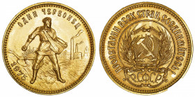 RUSSIE
URSS (1922-1991). Chervonetz (10 roubles) 1975, Saint-Pétersbourg.
Fr.181a ; Or - 8,62 g - 22,5 mm - 12 h 
Superbe à Fleur de coin.