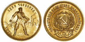 RUSSIE
URSS (1922-1991). Chervonetz (10 roubles) 1975, Saint-Pétersbourg.
Fr.181a ; Or - 8,61 g - 22,5 mm - 12 h 
Superbe à Fleur de coin.