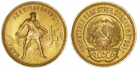 RUSSIE
URSS (1922-1991). Chervonetz (10 roubles) 1976, Saint-Pétersbourg.
Fr.181a ; Or - 8,61 g - 22,5 mm - 12 h 
Superbe à Fleur de coin.