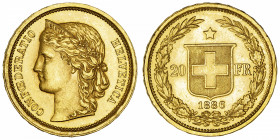 SUISSE
Confédération Helvétique (1848 à nos jours). 20 francs 1886, Berne.
Fr.495 ; Or - 6,45 g - 21 mm - 6 h 
Avec tout son brillant. Superbe à Fl...