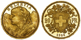 SUISSE
Confédération Helvétique (1848 à nos jours). 20 francs 1926, B, Berne.
Fr.499 ; Or - 6,45 g - 21 mm - 6 h 
Date rare. Superbe à Fleur de coi...