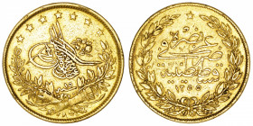 TURQUIE
Abdülmecid Ier ou Abdul Mejid (1839-1861). 100 kurush AH1255/15 (1852).
Fr.120 ; Or - 7,16 g - 22 mm - 12 h 
TTB.