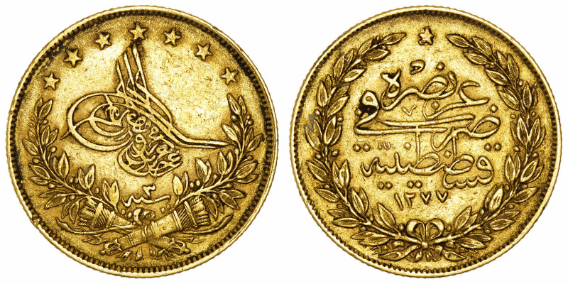 TURQUIE
Abdülaziz (1861-1876). 100 kurush AH 1277/3 (1862).
Fr.127 ; Or - 7,20...