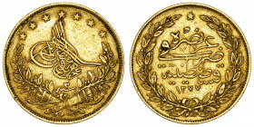 TURQUIE
Abdülaziz (1861-1876). 100 kurush AH 1277/3 (1862).
Fr.127 ; Or - 7,20 g - 22 mm - 12 h 
TTB.