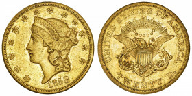 USA
République fédérale des États-Unis d’Amérique (1776-à nos jours). 20 dollars Liberty 1858, S, San Francisco.
Fr.172 ; Or - 33,34 g - 34 mm - 6 h...