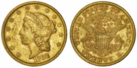 USA
République fédérale des États-Unis d’Amérique (1776-à nos jours). 20 dollars Liberty 1868, S, San Francisco.
Fr.175 ; Or - 33,38 g - 34 mm - 6 h...