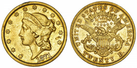 USA
République fédérale des États-Unis d’Amérique (1776-à nos jours). 20 dollars Liberty 1871, S, San Francisco.
Fr.175 ; Or - 33,26 g - 34 mm - 6 h...