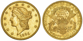 USA
République fédérale des États-Unis d’Amérique (1776-à nos jours). 20 dollars Liberty 1894, Philadelphie.
Fr.177 ; Or - 33,43 g - 34 mm - 6 h 
S...