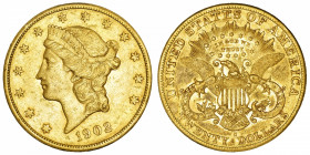USA
République fédérale des États-Unis d’Amérique (1776-à nos jours). 20 dollars Liberty 1902, S, San Francisco.
Fr.178 ; Or - 33,35 g - 34 mm - 6 h...
