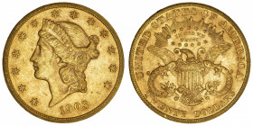 USA
République fédérale des États-Unis d’Amérique (1776-à nos jours). 20 dollars Liberty 1903, S, San Francisco.
Fr.178 ; Or - 33,42 g - 34 mm - 6 h...