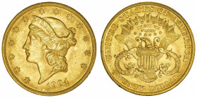USA
République fédérale des États-Unis d’Amérique (1776-à nos jours). 20 dollars Liberty 1904, Philadelphie.
Fr.177 ; Or - 33,38 g - 34 mm - 6 h 
S...