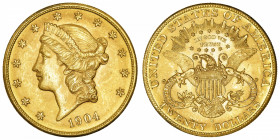 USA
République fédérale des États-Unis d’Amérique (1776-à nos jours). 20 dollars Liberty 1904, S, San Francisco.
Fr.178 ; Or - 33,43 g - 34 mm - 6 h...