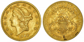 USA
République fédérale des États-Unis d’Amérique (1776-à nos jours). 20 dollars Liberty 1906, D, Denver.
Fr.180 ; Or - 33,42 g - 34 mm - 6 h 
Supe...