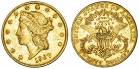 USA
République fédérale des États-Unis d’Amérique (1776-à nos jours). 20 dollars Liberty 1907, S, San Francisco.
Fr.178 ; Or - 33,40 g - 34 mm - 6 h...