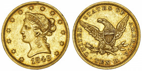 USA
République fédérale des États-Unis d’Amérique (1776-à nos jours). 10 dollars Liberty 1849, Philadelphie.
Fr.155 ; Or - 16,61 g - 27 mm - 6 h 
T...