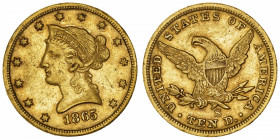 USA
République fédérale des États-Unis d’Amérique (1776-à nos jours). 10 dollars Liberty 1865, S, San Francisco.
Fr.157 ; Or - 16,64 g - 27 mm - 6 h...