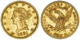 USA
République fédérale des États-Unis d’Amérique (1776-à nos jours). 10 dollars Liberty 1881, S, San Francisco.
Fr.160 ; Or - 16,65 g - 27 mm - 6 h...