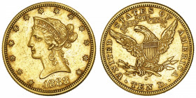 USA
République fédérale des États-Unis d’Amérique (1776-à nos jours). 10 dollars Liberty 1888, S, San Francisco.
Fr.160 ; Or - 16,66 g - 27 mm - 6 h...