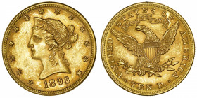 USA
République fédérale des États-Unis d’Amérique (1776-à nos jours). 10 dollars Liberty 1893, Philadelphie.
Fr.158 ; Or - 16,69 g - 27 mm - 6 h 
S...