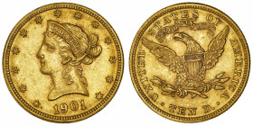 USA
République fédérale des États-Unis d’Amérique (1776-à nos jours). 10 dollars Liberty 1901, Philadelphie.
Fr.158 ; Or - 16,69 g - 27 mm - 6 h 
S...