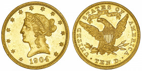 USA
République fédérale des États-Unis d’Amérique (1776-à nos jours). 10 dollars Liberty 1904, Philadelphie.
Fr.158 ; Or - 16,72 g - 27 mm - 6 h 
S...