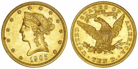 USA
République fédérale des États-Unis d’Amérique (1776-à nos jours). 10 dollars Liberty 1905, Philadelphie.
Fr.158 ; Or - 16,69 g - 27 mm - 6 h 
S...