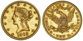 USA
République fédérale des États-Unis d’Amérique (1776-à nos jours). 10 dollars Liberty 1905, S, San Francisco.
Fr.160 ; Or - 16,67 g - 27 mm - 6 h...