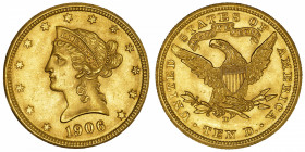USA
République fédérale des États-Unis d’Amérique (1776-à nos jours). 10 dollars Liberty 1906, D, Denver.
Fr.162 ; Or - 16,69 g - 27 mm - 6 h 
Supe...