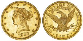 USA
République fédérale des États-Unis d’Amérique (1776-à nos jours). 10 dollars Liberty 1907, Philadelphie.
Fr.158 ; Or - 16,70 g - 27 mm - 6 h 
S...