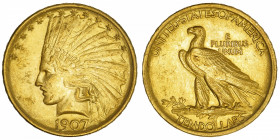 USA
République fédérale des États-Unis d’Amérique (1776-à nos jours). 10 dollars Indien, no motto 1907, Philadelphie.
Fr.164 ; Or - 16,68 g - 27 mm ...