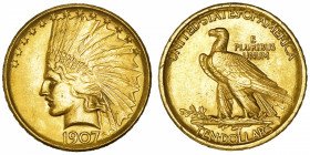 USA
République fédérale des États-Unis d’Amérique (1776-à nos jours). 10 dollars Indien, no motto 1907, Philadelphie.
Fr.164 ; Or - 16,67 g - 27 mm ...
