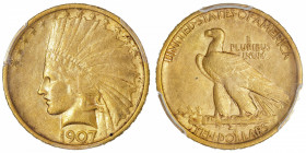USA
République fédérale des États-Unis d’Amérique (1776-à nos jours). 10 dollars Indien, no motto 1907, Philadelphie.
Fr.164 ; Or - 27 mm - 6 h 
PC...