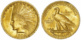 USA
République fédérale des États-Unis d’Amérique (1776-à nos jours). 10 dollars Indien 1908, Philadelphie.
Fr.166 ; Or - 16,70 g - 27 mm - 6 h 
Be...